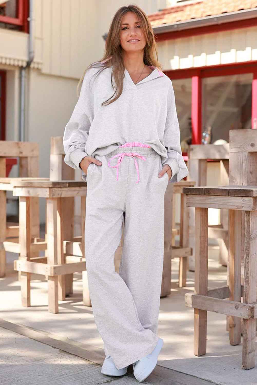 Light Grey 2pcs Contrasted Trim Frilled Collar Drop Shoulder Pullover Drawstring Pant Set
