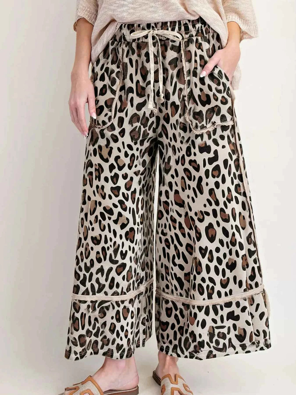 Leopard Print Wide Leg Drawstring Pants.