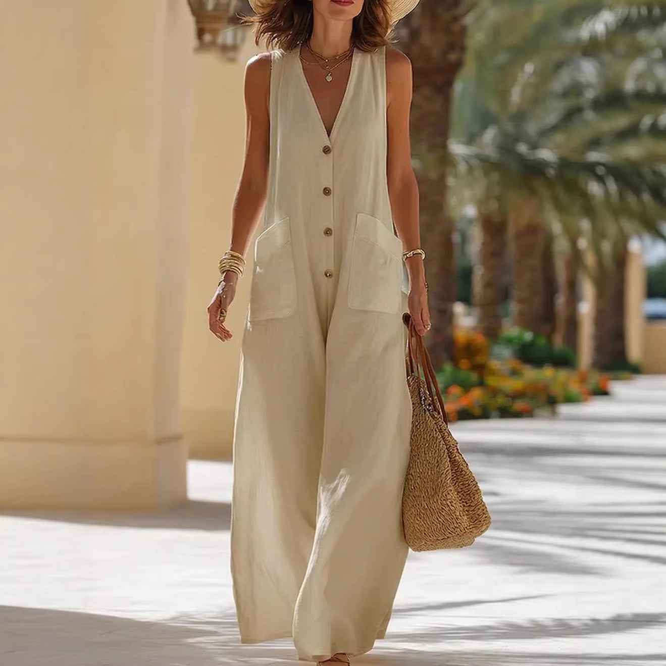 Simple And Comfortable Cotton-Linen Sleeveless Wide-Leg Jumpsuit With Button Pockets