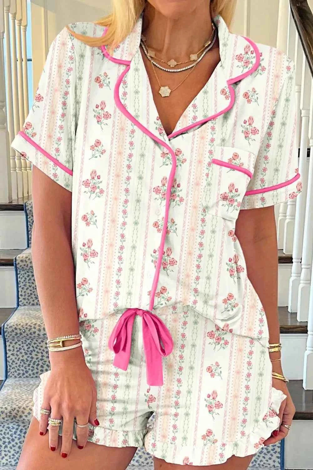Button Up Short Sleeve Top and Shorts Lounge Set
