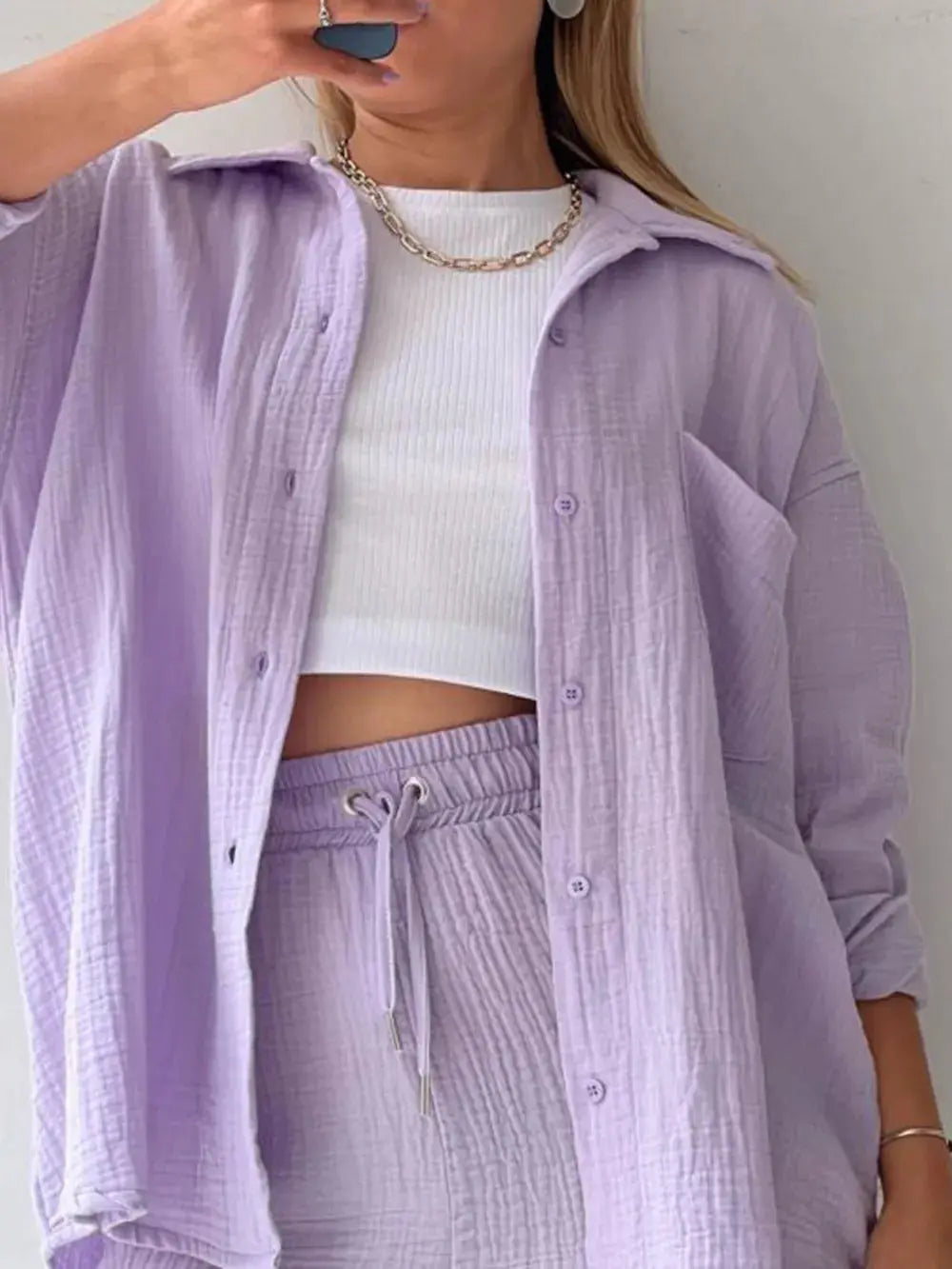 Texture Button Up Shirt and Drawstring Shorts Set - CHIC TB