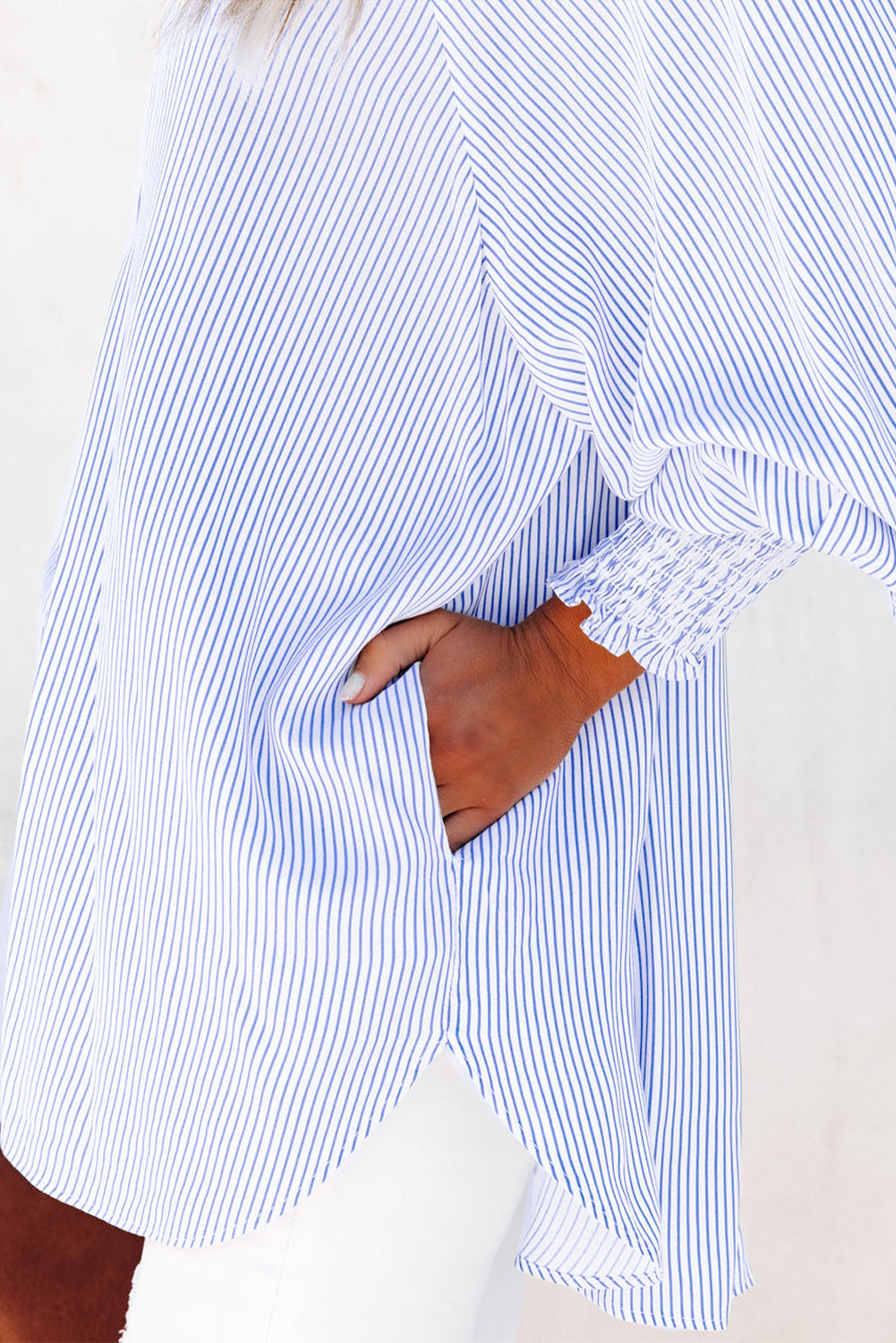 Sky Blue Smocked Cuffed Striped Boyfriend Shirt with Pocket Dear-Lover Dropshipping