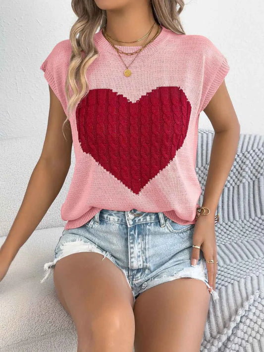 Cable Knit Heart Round Neck Cap Sleeve Knit Top