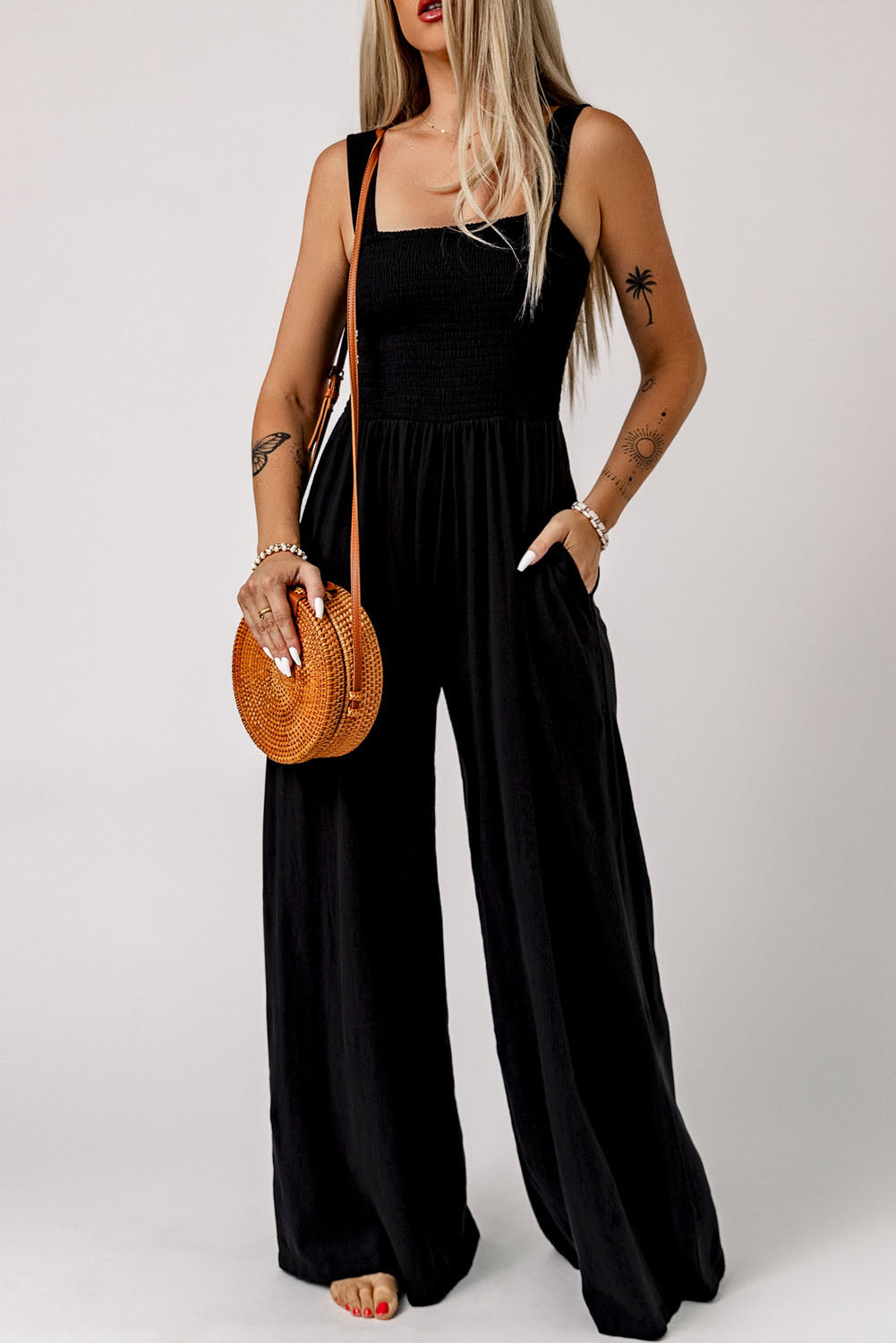 Black Smocked Sleeveless Wide Leg Jumpsuit with Pockets Dear-Lover Dropshipping
