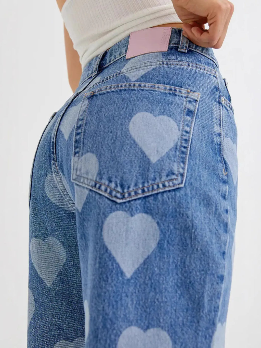 Heart Pattern High-Waist Wide Leg Jeans.
