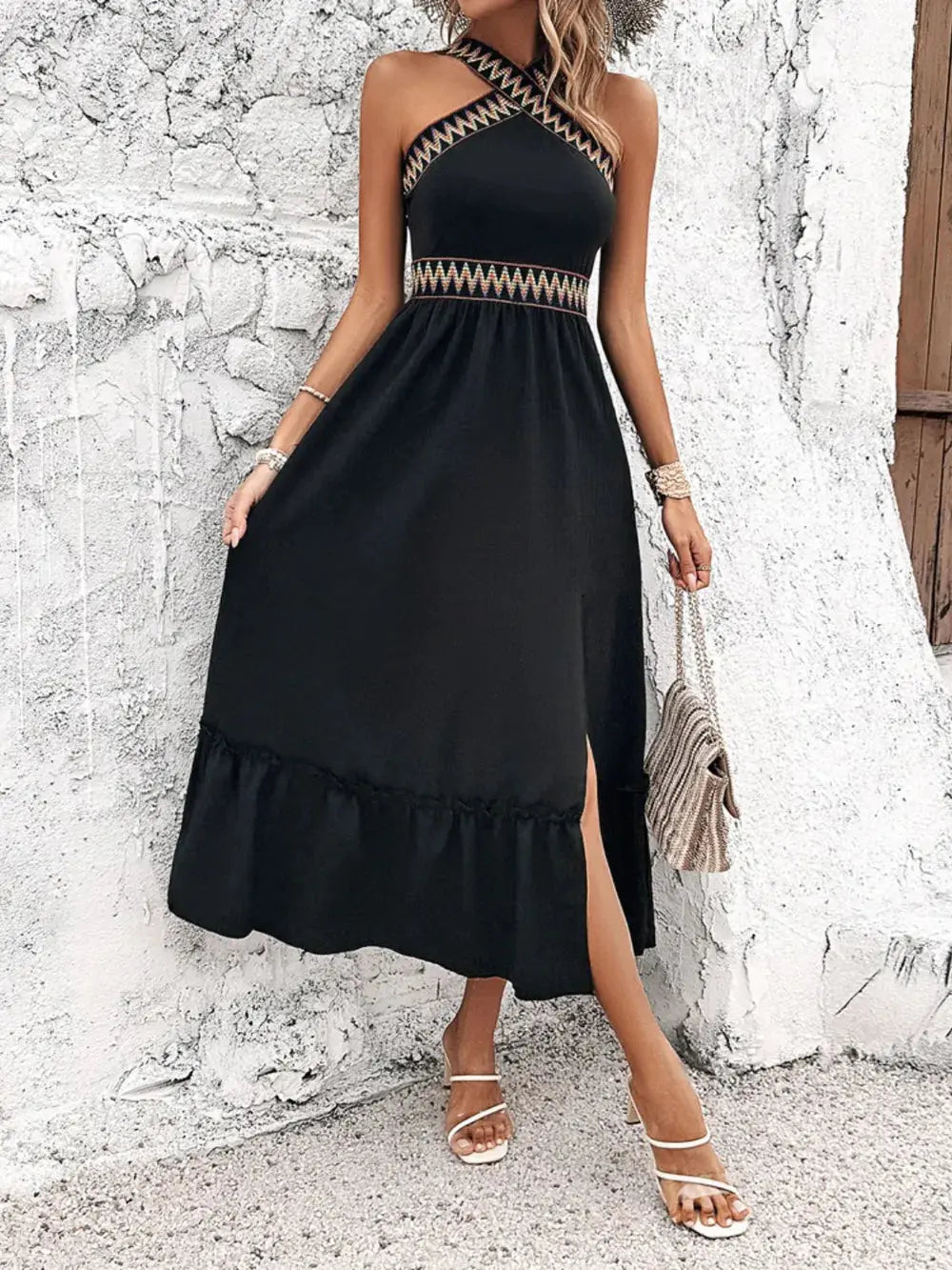 Devine Ruffled Slit Sleeveless Midi Dress.