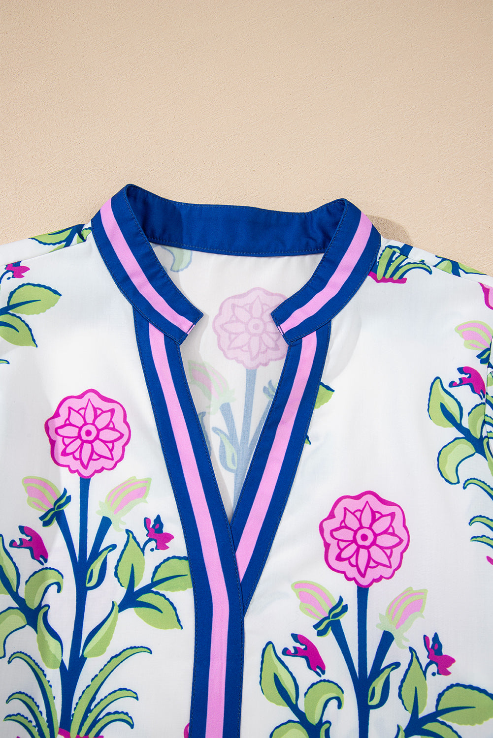 White Floral Print Contrast Striped Trim Notched Neck Long Sleeve Dress Dear-Lover Dropshipping