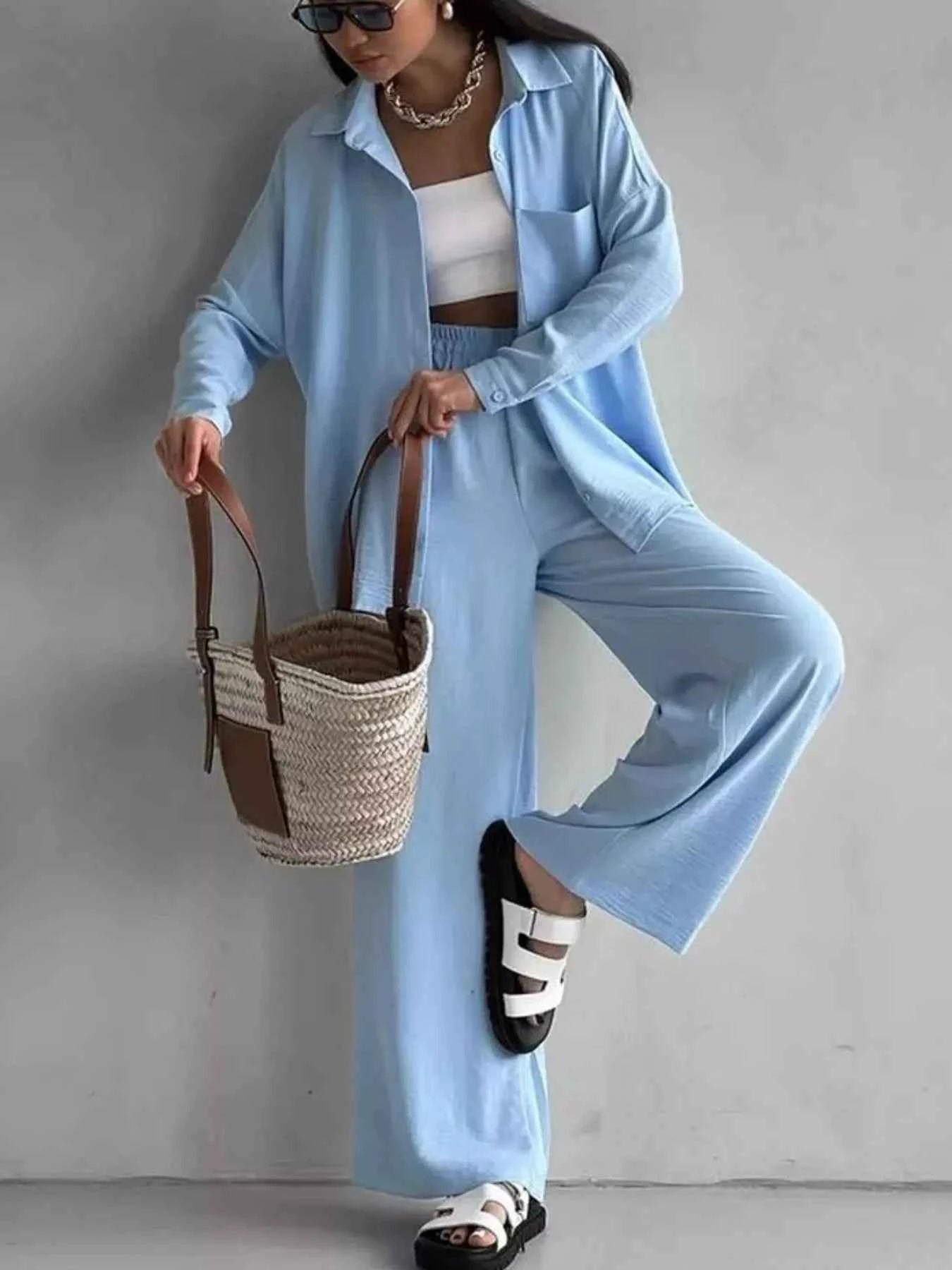 Button Up Long Sleeve Shirt and Pants Set