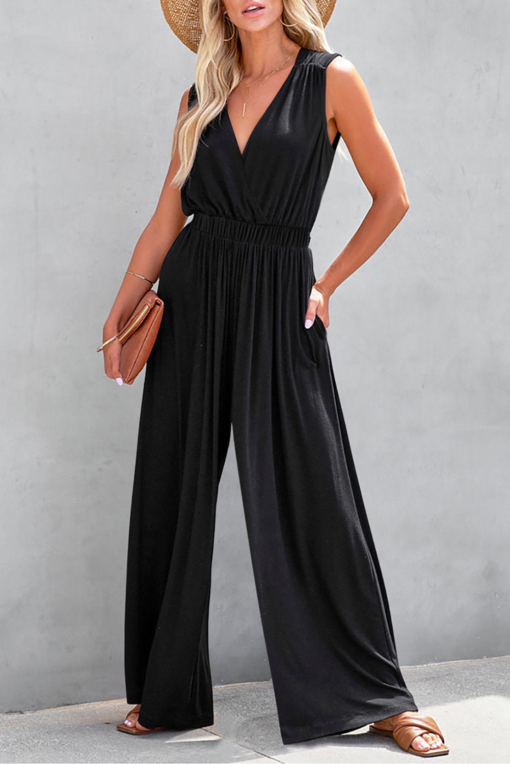 Black Deep V Pleated Crisscross Wide Leg Backless Jumpsuit Dear-Lover Dropshipping