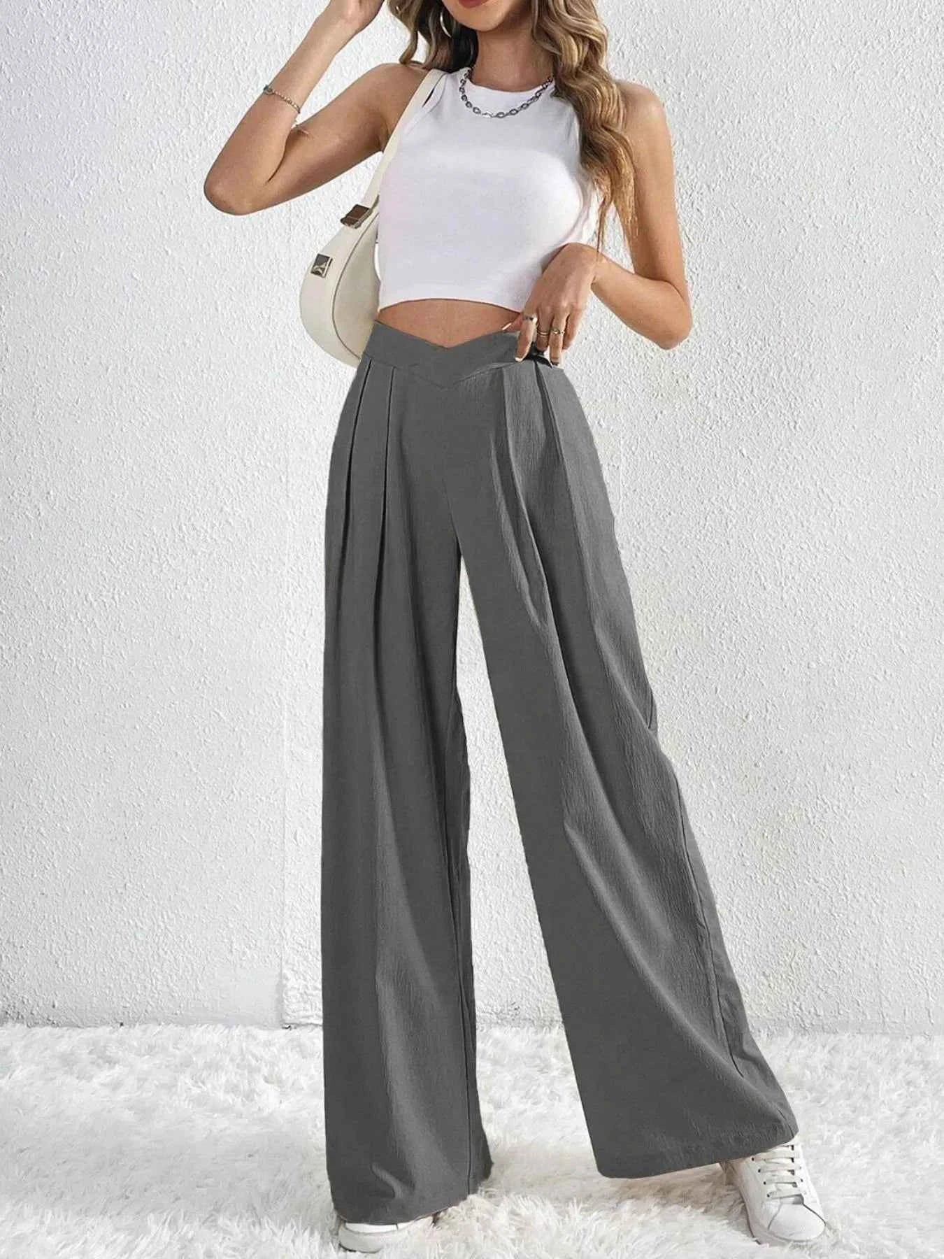 V-Waisted Ruched Front Wide Leg Pants.