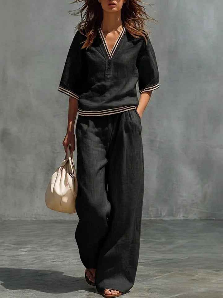 Cotton-Linen V-Neck Casual Comfortable Short-Sleeve Shirt And Pants Set