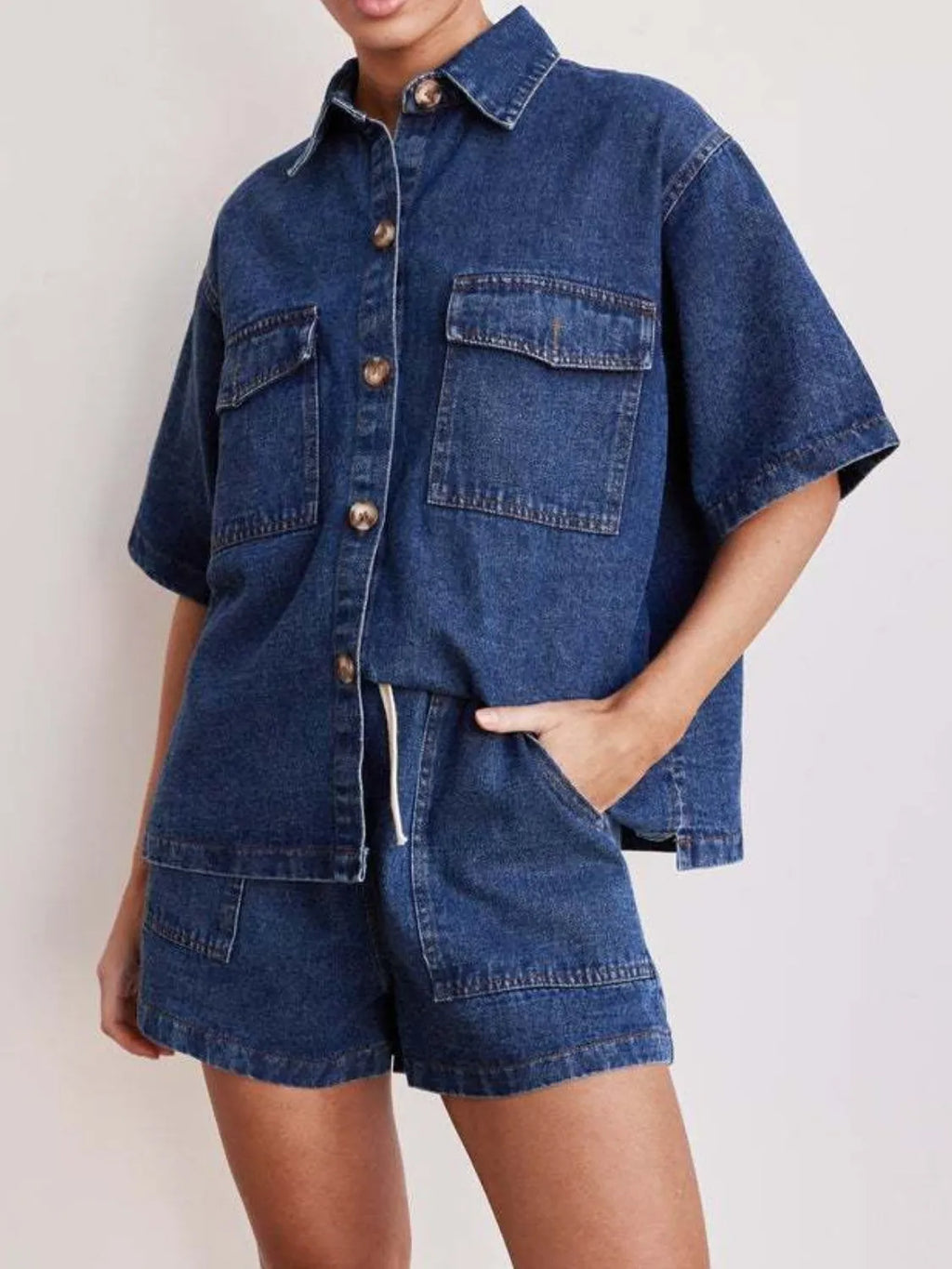 Button Up Short Sleeve Top and Shorts Denim Set.