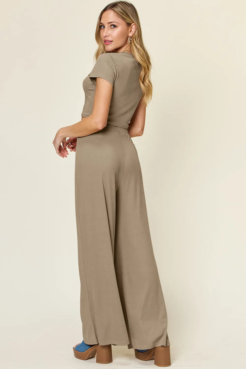 Double Take Full Size Round Neck Top and Pants Set - CHIC TB