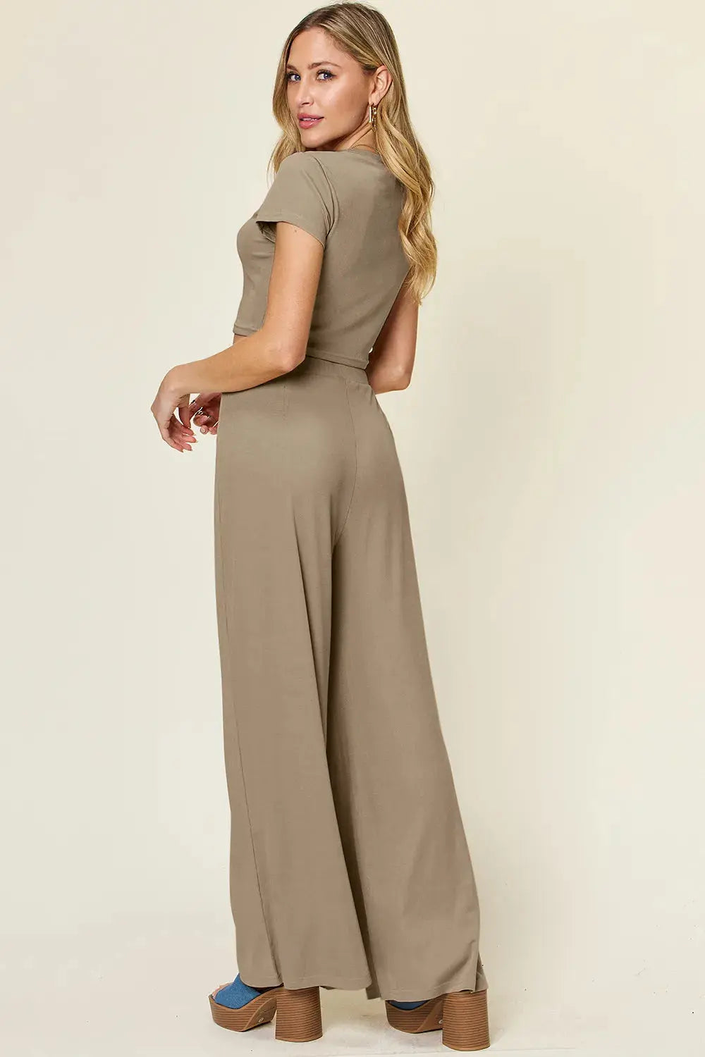 Double Take Full Size Round Neck Top and Pants Set.