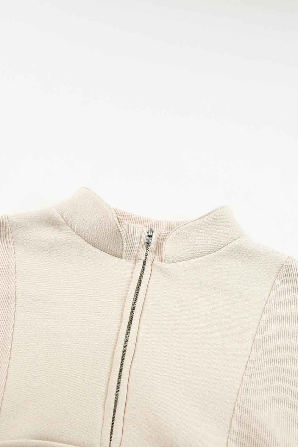 Apricot Half Zip Stand Collar Exposed Seam Solid Color Casual Sweatshirt