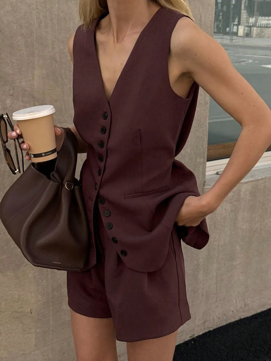 Button Front V-Neck Top and Shorts Set.