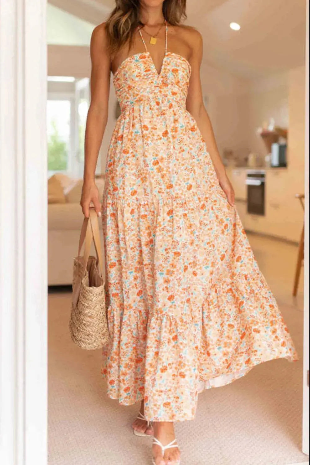 Floral Halter Neck Tiered Maxi Dress.