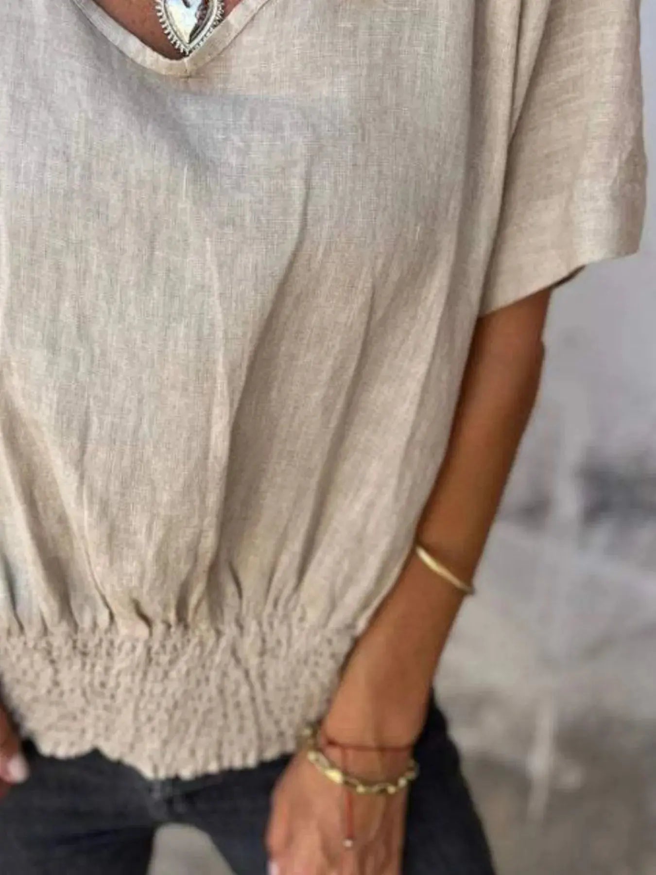 Full Size Smocked Hem V-Neck Relaxed Fit T-Shirt Plus Size.