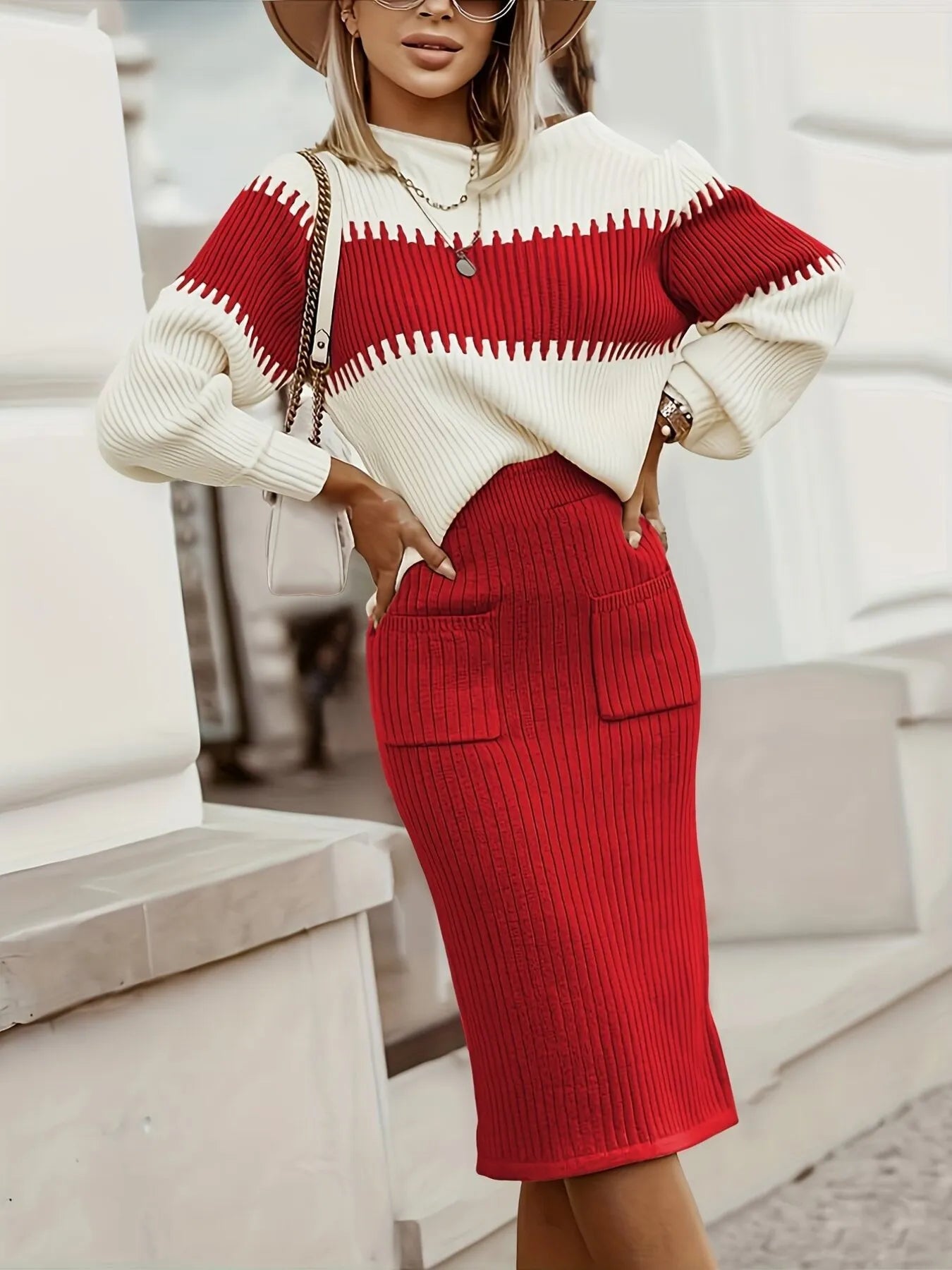 Two-Tone Ribbed Knit Top and Skirt Sweater Set.