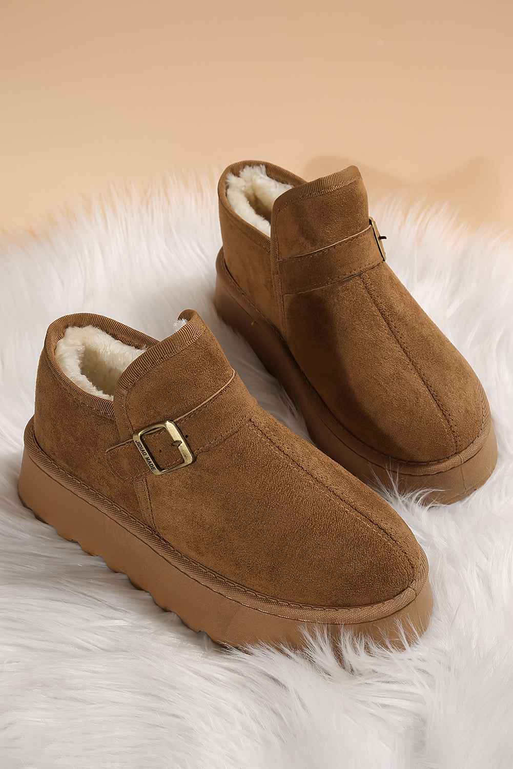 Coffee Buckle Detail Round Toe Platform Cozy Winter Boots