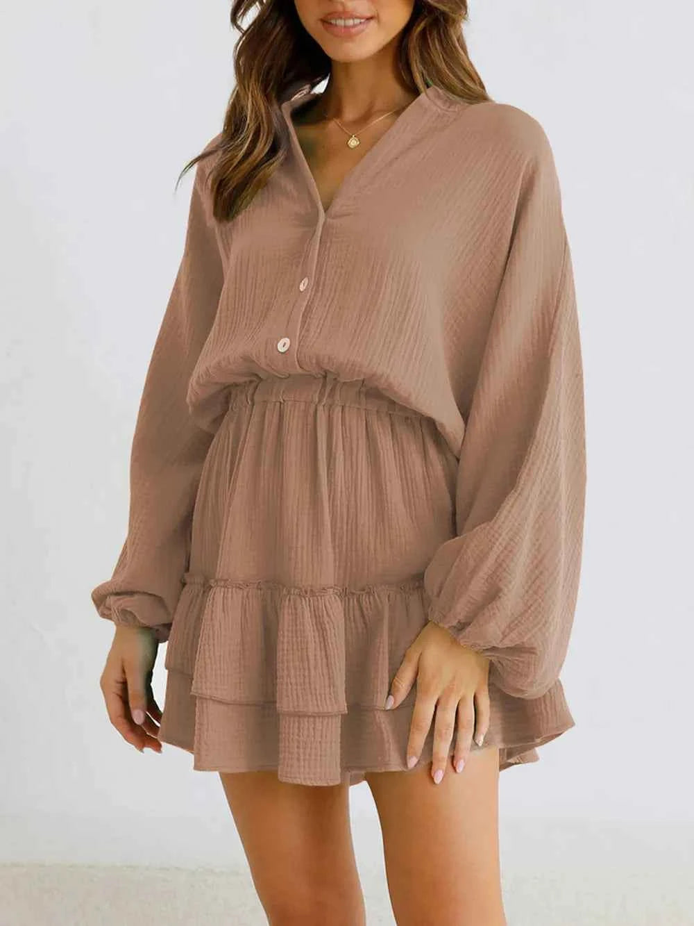 Ruffled Notched Balloon Sleeve Mini Dress.