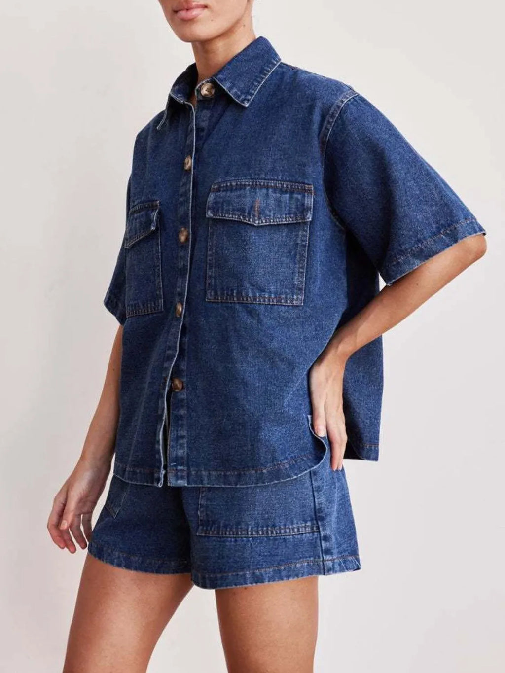 Button Up Short Sleeve Top and Shorts Denim Set.
