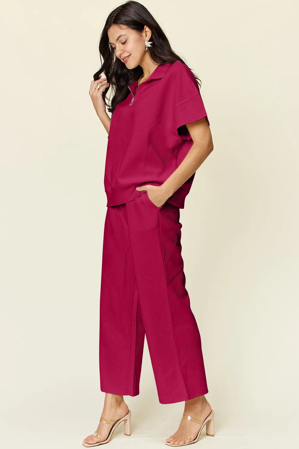 Double Take Full Size Texture Half Zip Short Sleeve Top and Pants Set - CHIC TB