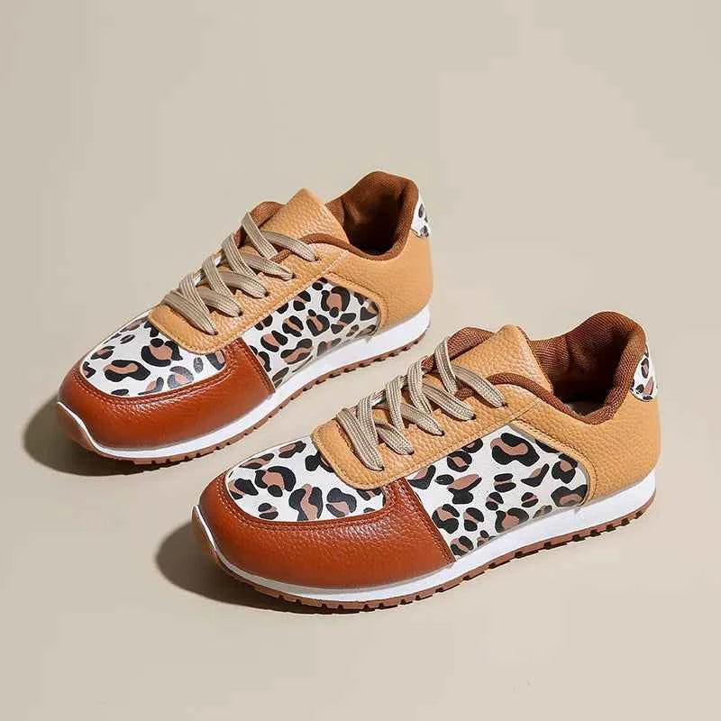 Leopard Round Toe Lace Up Sneakers