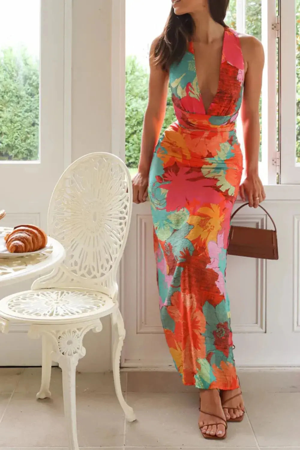 Split Crisscross Back Printed Plunge Maxi Dress.