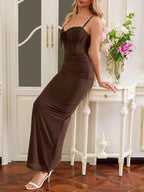 Womens Polyester Lace Trim Sweetheart Neck Ruched Maxi Dress