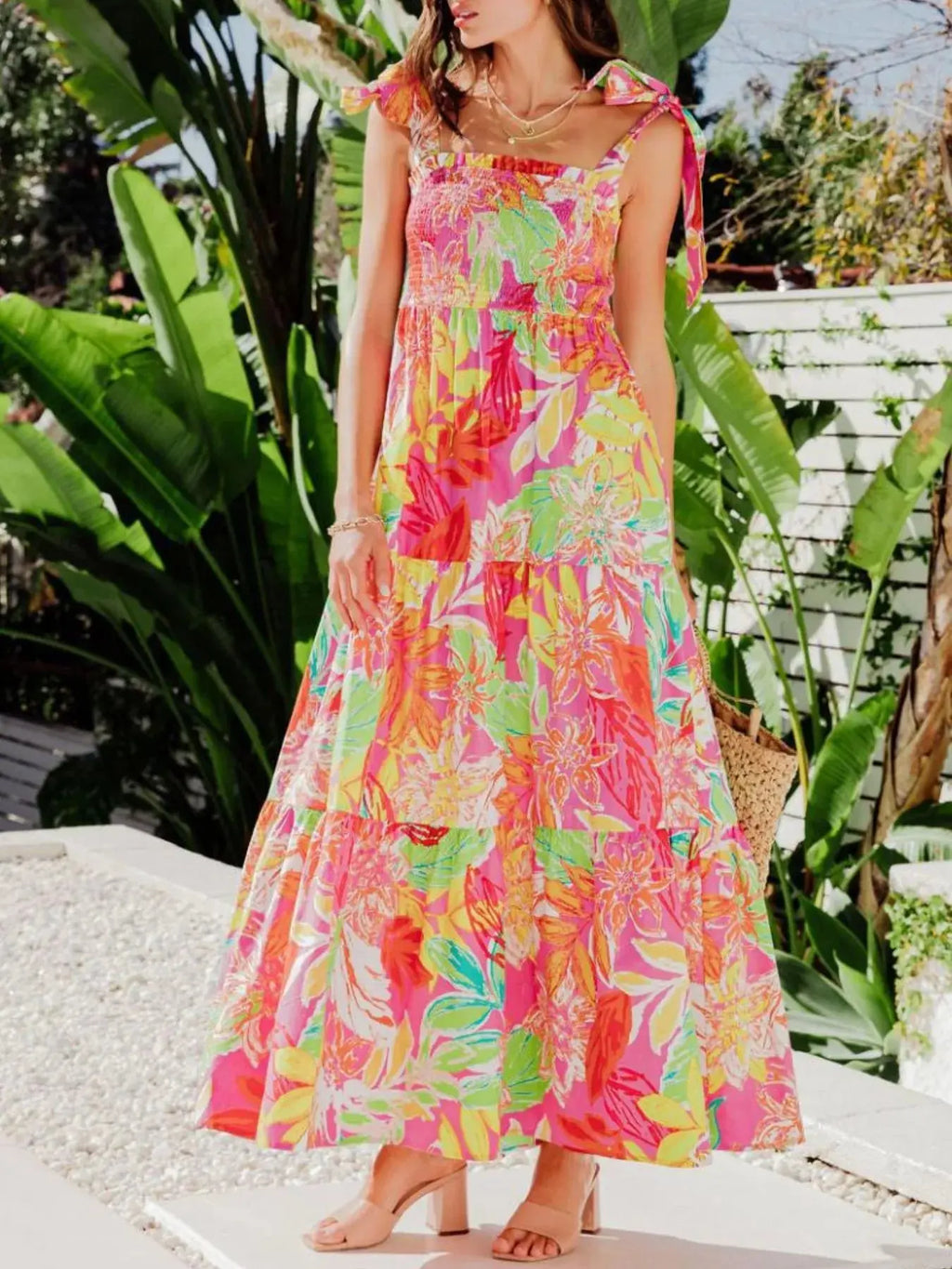 Tropical Print Tie Shoulder Maxi Dress.