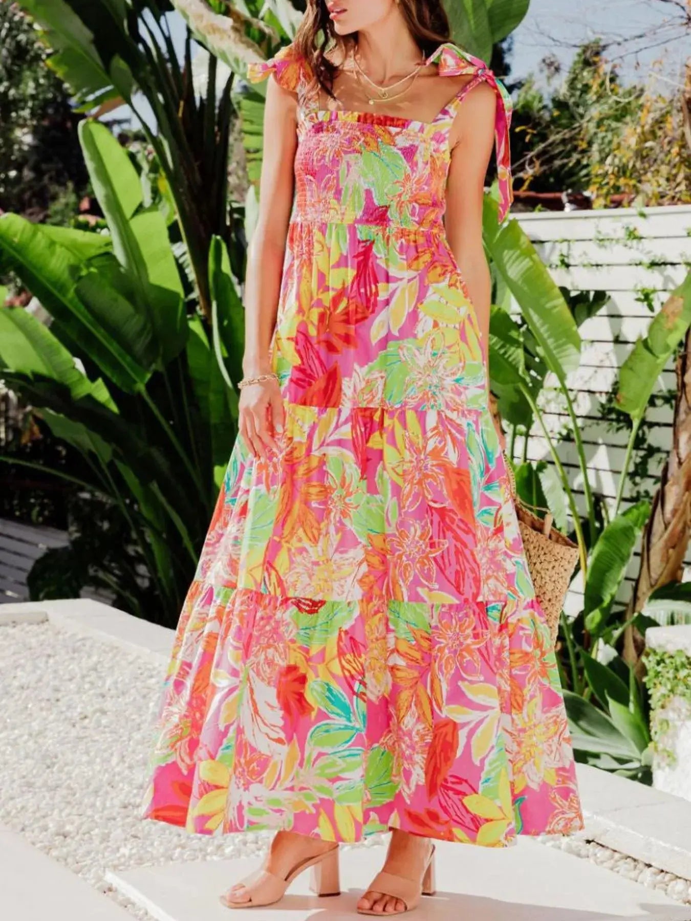 Tropical Print Tie Shoulder Maxi Dress.
