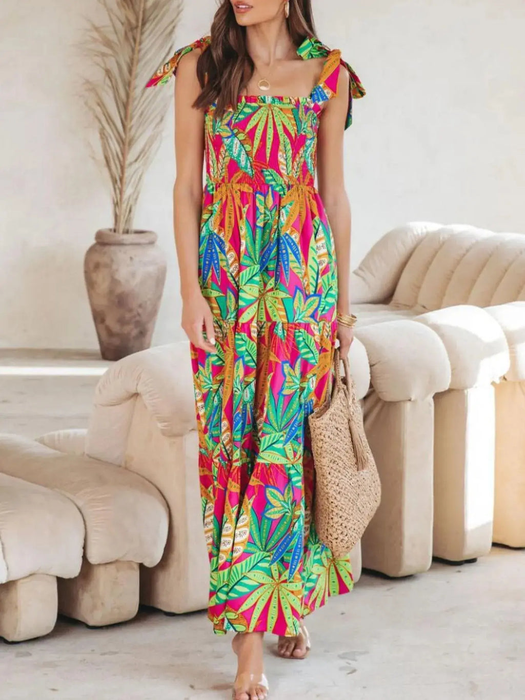 Tropical Print Tie Shoulder Maxi Dress.
