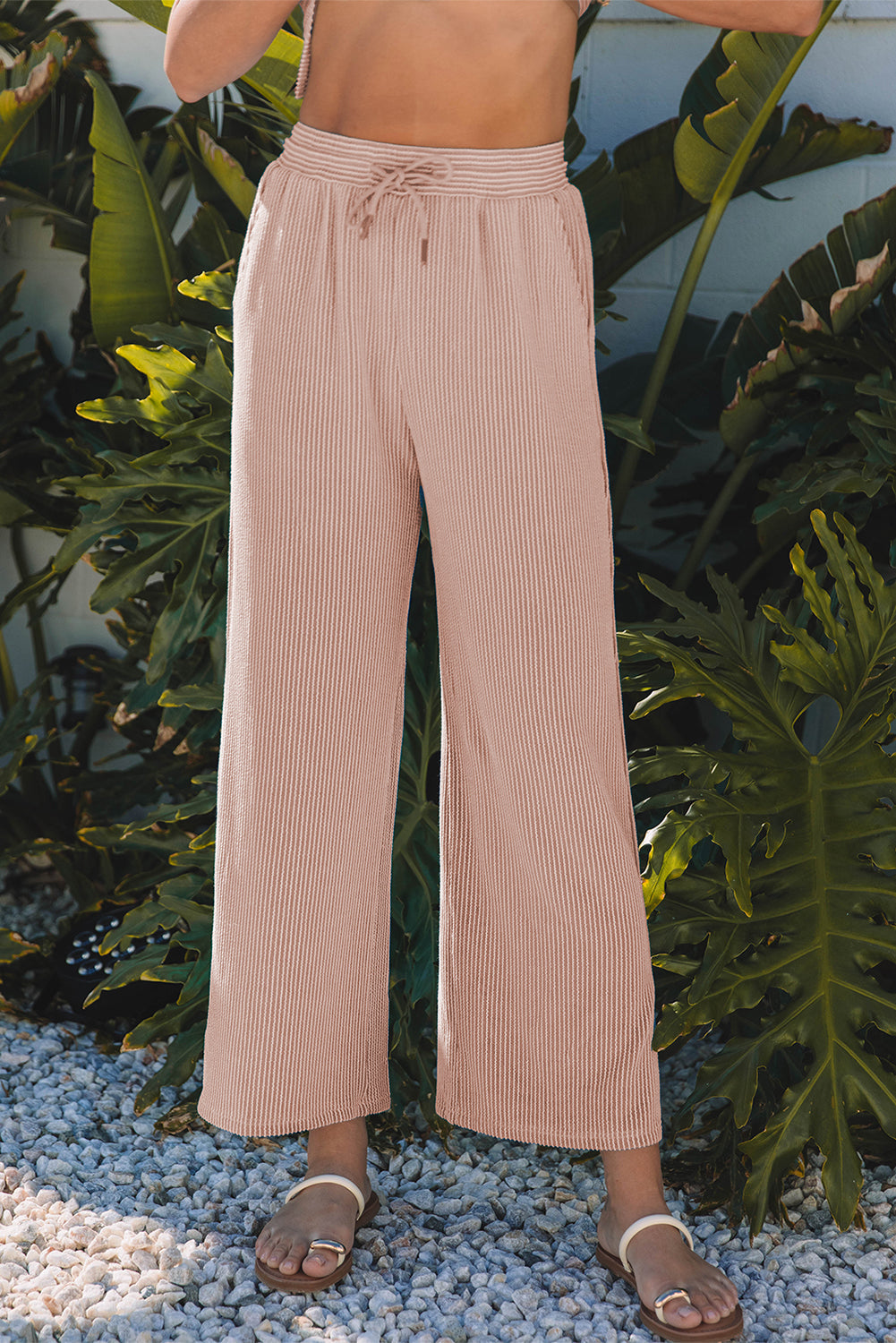 Smoke Gray Solid Corded Knit Short Sleeve T Shirt and Wide Leg Pants Set Dear-Lover Dropshipping