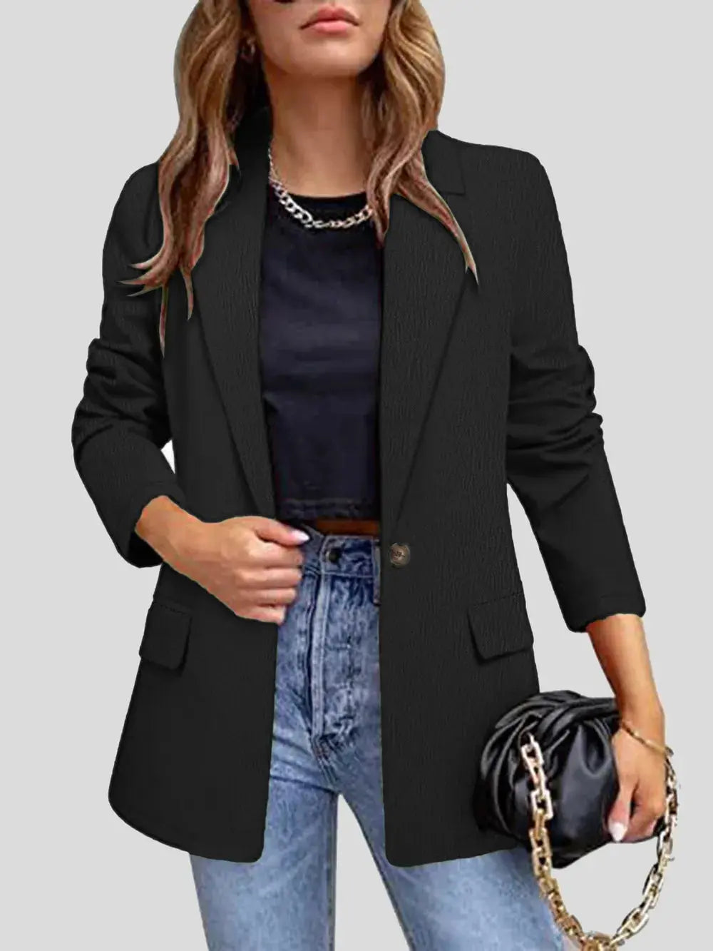 Lapel Collar Long Sleeve Blazer.