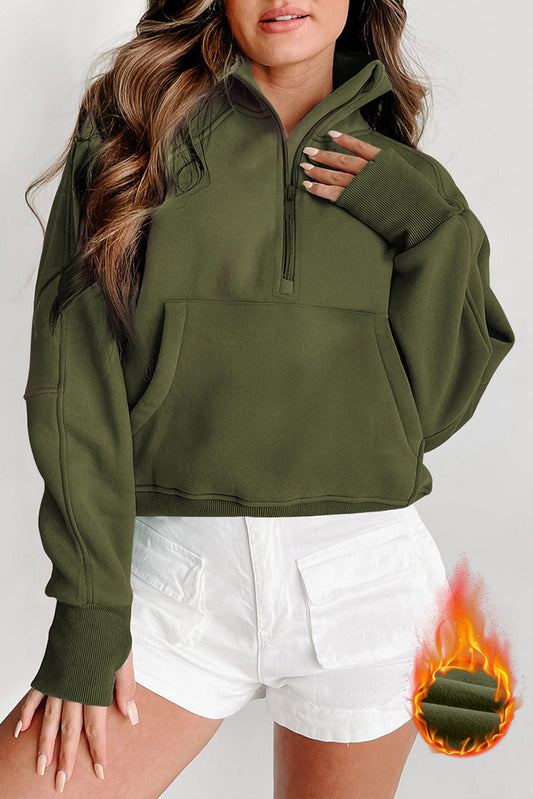 Green Fleece Lined Zip Up Stand Collar Thumbhole Sleeve Sweatshirt Dear-Lover Dropshipping