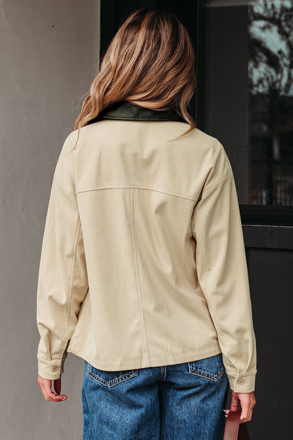 Parchment Contrast Leather Collar Textured Zip Up Jacket Dear-Lover Dropshipping