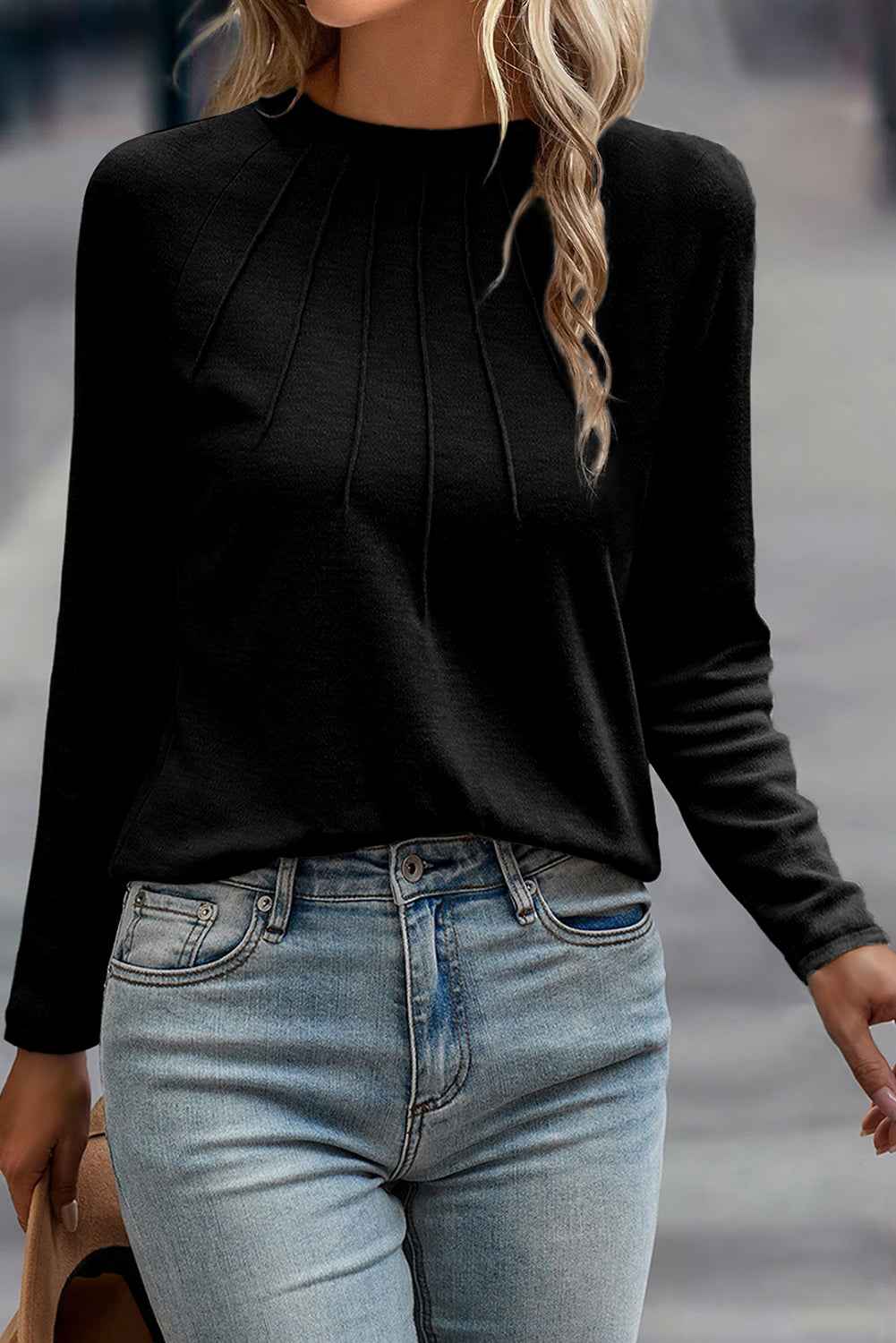 Black Solid Color Seam Detail Raglan Long Sleeve Top