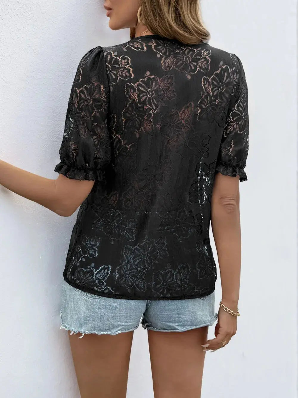 Perfee Button Down Short Sleeve Lace Shirt.
