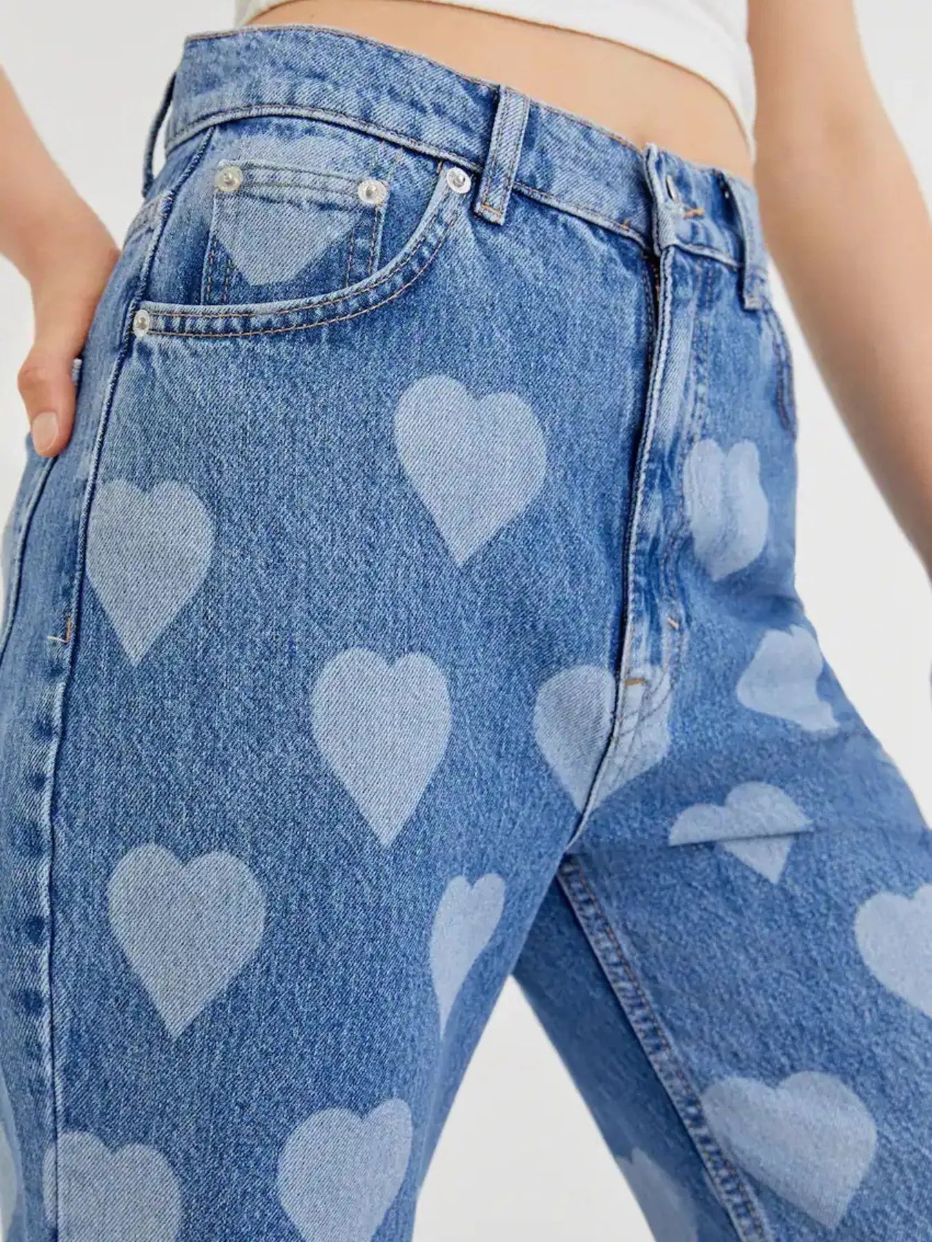 Heart Pattern High-Waist Wide Leg Jeans.