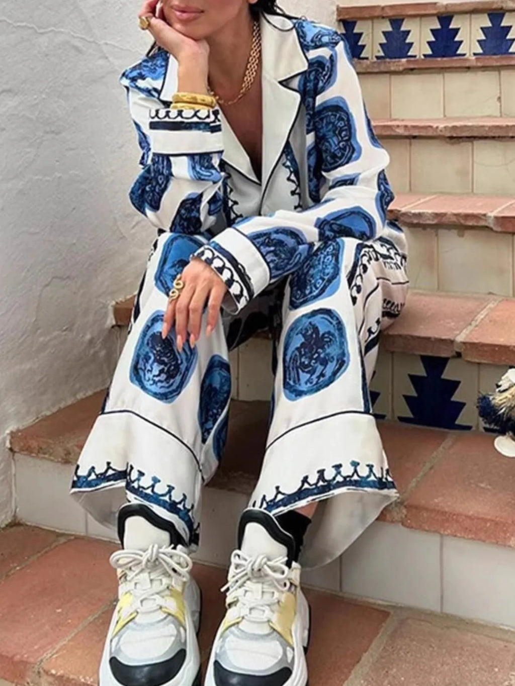 Printed Button Up Shirt and Pants Set.