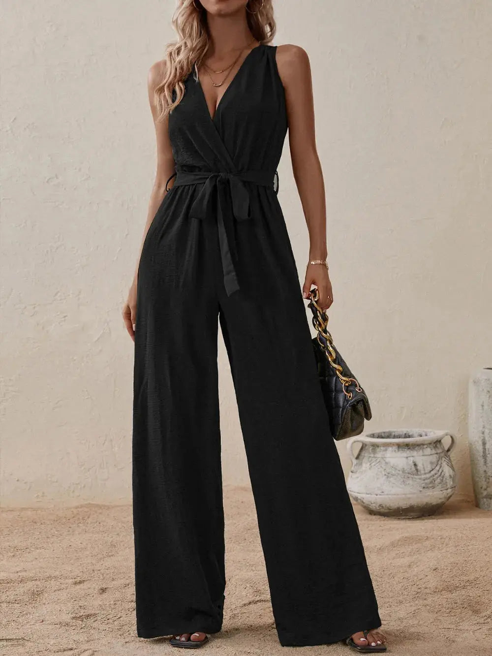 Honey Tied Surplice Sleeveless Wide Leg Jumpsuit.