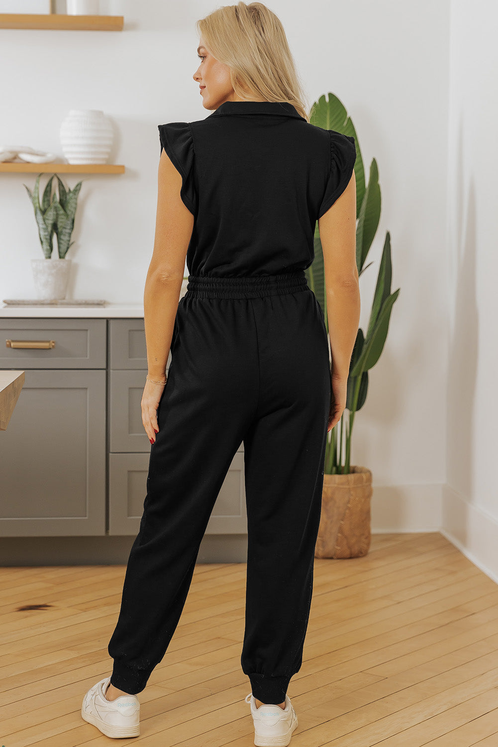 Black Zipper Flutter Sleeve Drawstring Elastic Waistband Jumpsuit Dear-Lover Dropshipping
