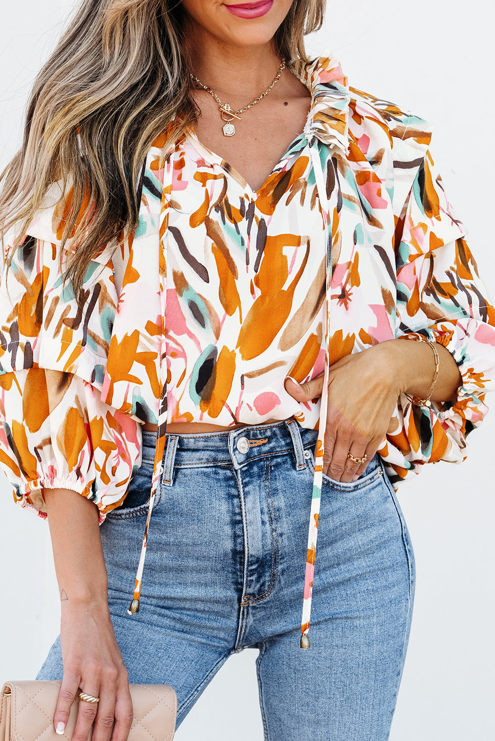 Yellow Abstract Print Drawstring Frilled V Neck 3/4 Sleeve Blouse Dear-Lover Dropshipping