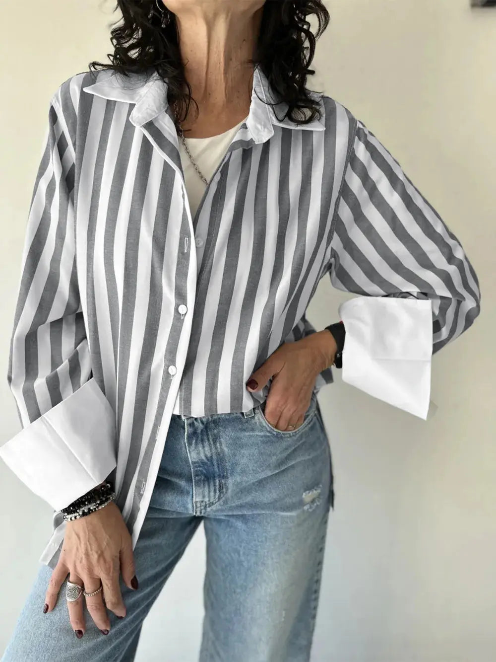 Striped Collared Neck Long Sleeve Shirt.