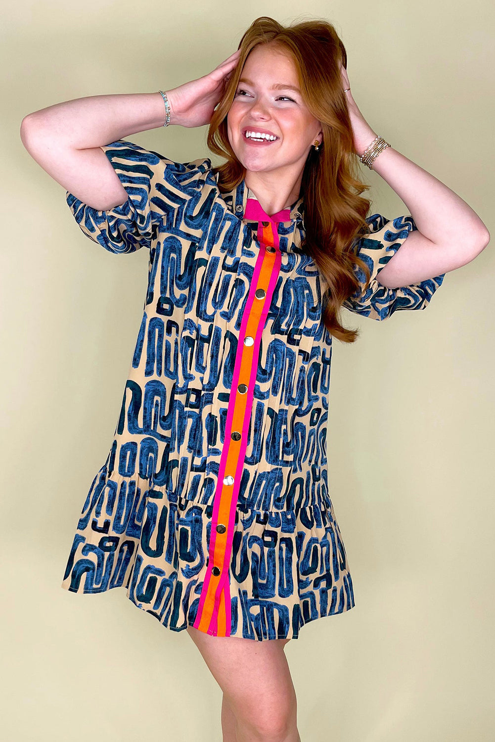 Beige Abstract Print Bubble Sleeve Button up Mini Dress Dear-Lover Dropshipping