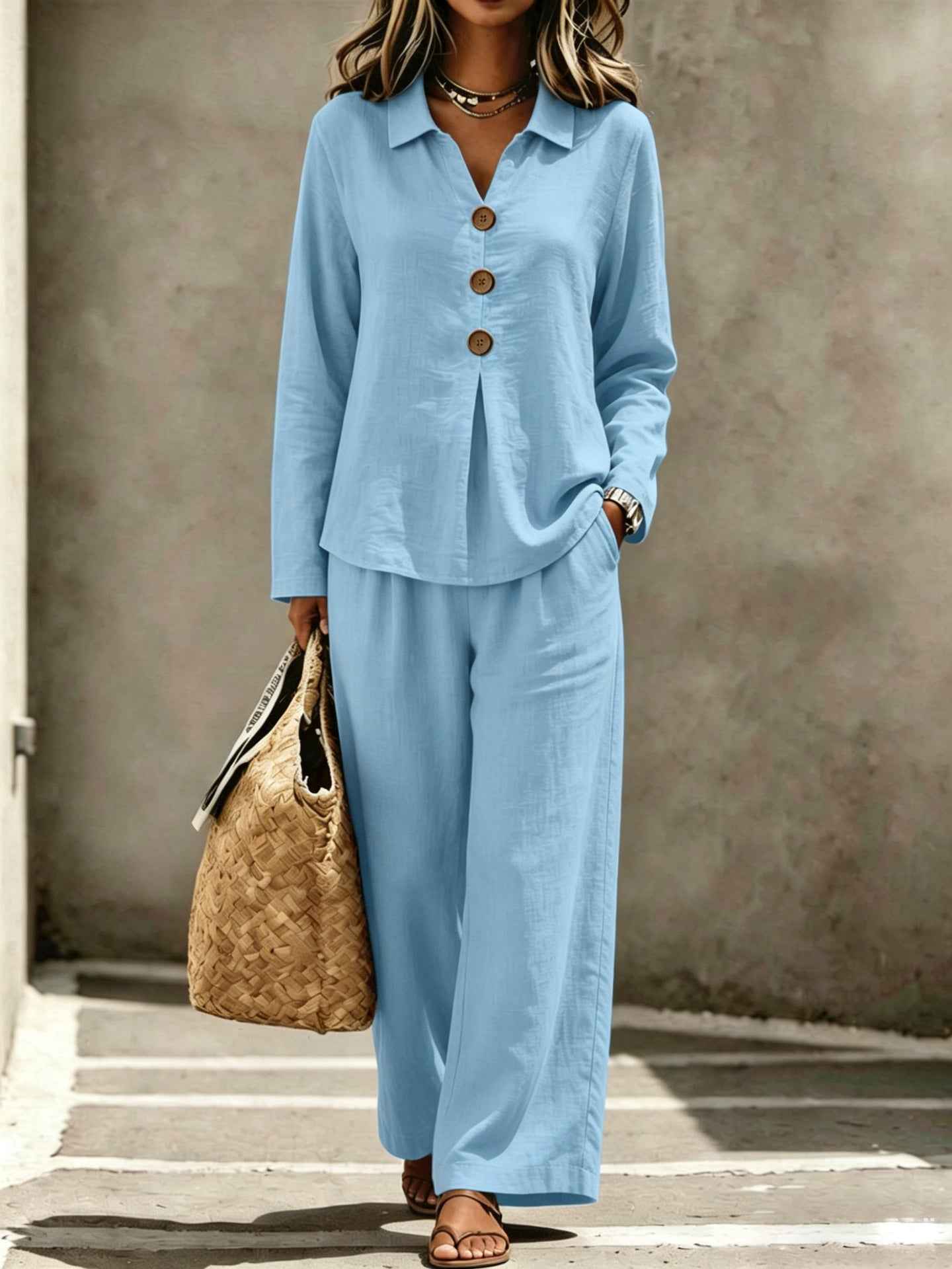 Womens Buttoned Polo-collar Long-sleeve Pantsuit