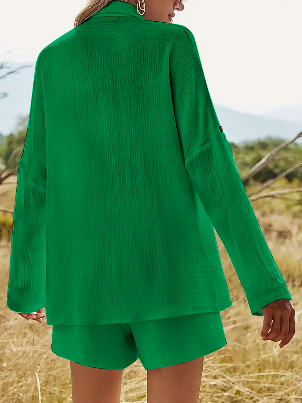 Texture Button Up Shirt and Shorts Set - CHIC TB