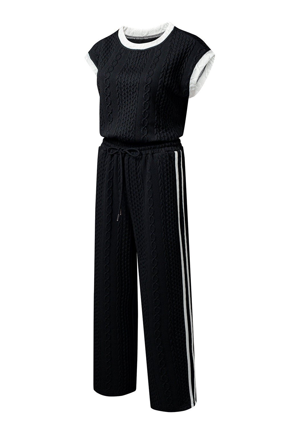 Black Cable Knit Contrast Trim Short Sleeve Top and Pants Set Dear-Lover Dropshipping