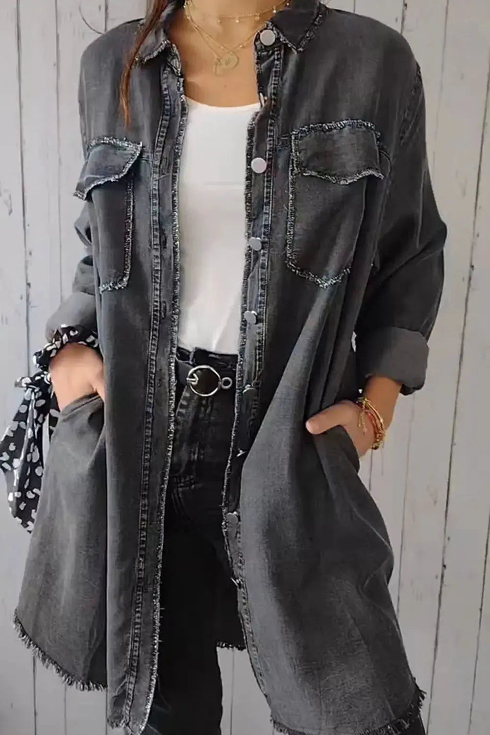 Full Size Pocketed Button Up Long Sleeve Denim Jacket.